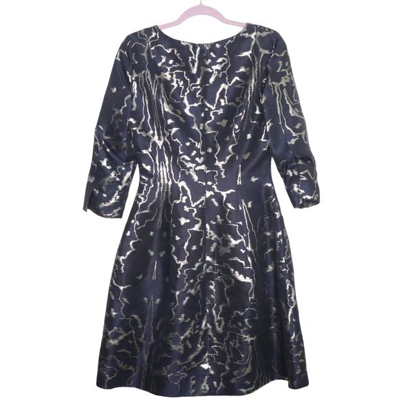 OSCAR DE LA RENTA Split Neck Brocade A-Line Cocktail Dress Metallic Navy Size 6 - Picture 5 of 7